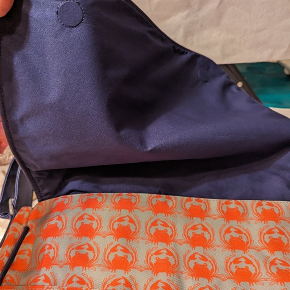 Sarah Watts crabby orange pattern messenger bag with blue leather strap - Picture 7 of 15